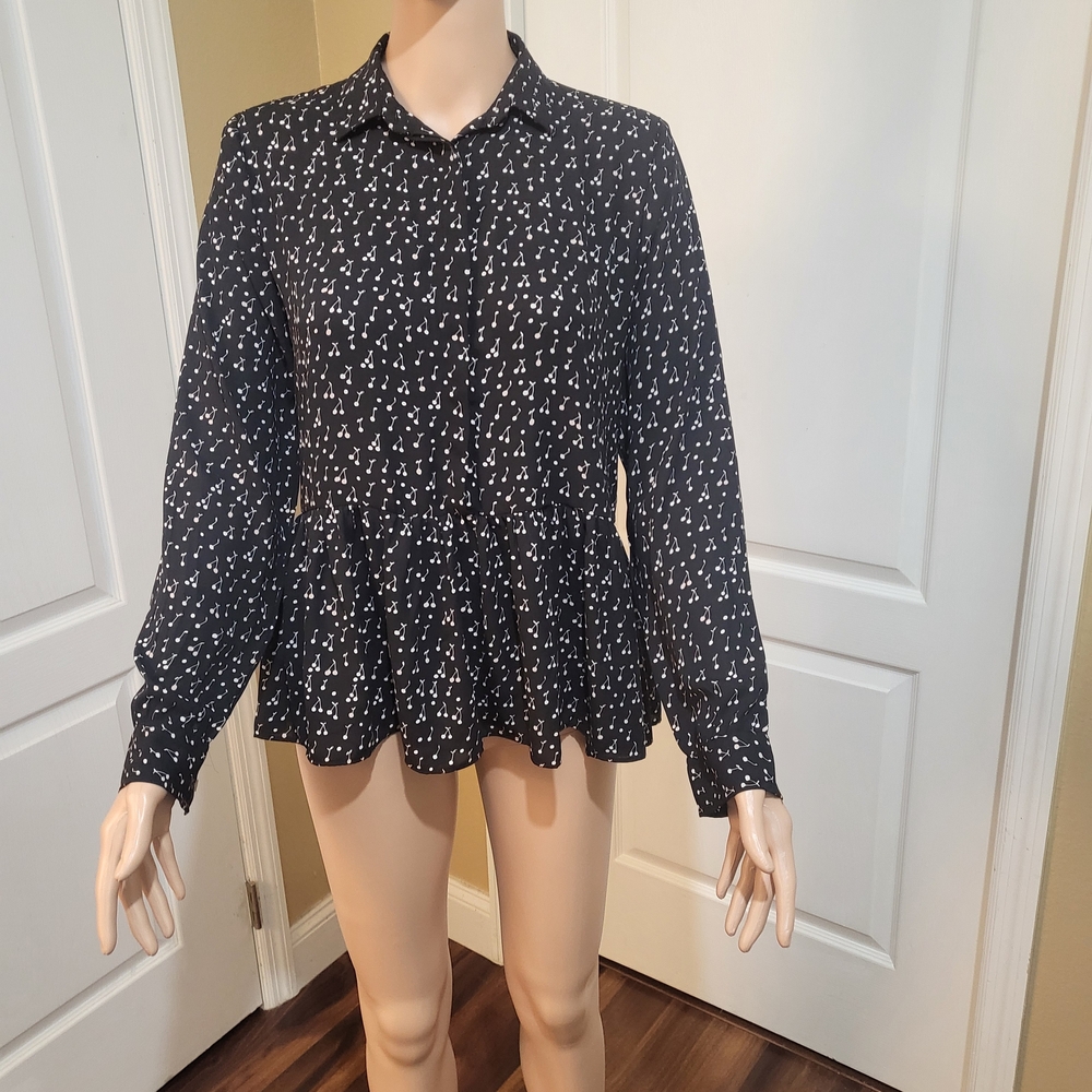 LOFT Black and White Printed Peplum Blouse